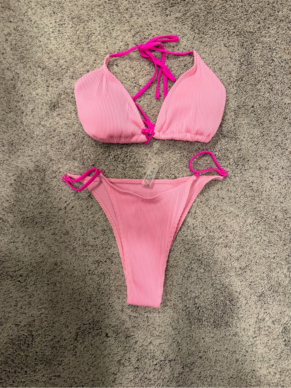 Pink Ribbed Tie Bikini Set